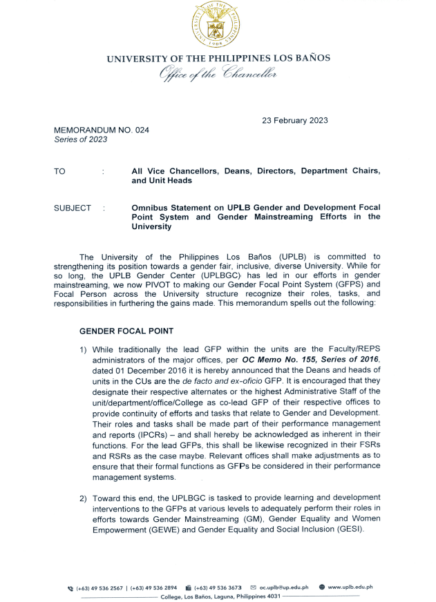 OC Memorandum No. 024 s.2023, Omnibus Statement on UPLB Gender and Development Focal Point System